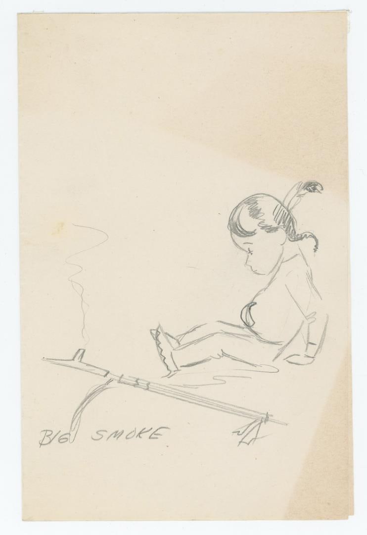 Ace Powell Little Indian Drawing: Title is Big Smoke. Pencil on Paper. 8" by 5 1/4". Ace (Asa Lynn) Powell (1912 - 1978) was active/lived in Montana, New Mexico. Ace Powell is known for Cowboy genre and Indian figure painting. Born in