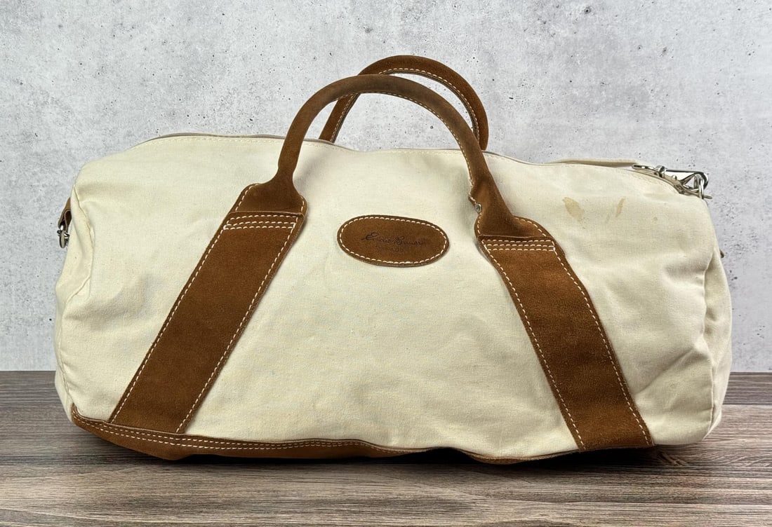 Vintage Eddie Bauer Canvas and Leather Duffle Bag: 25 3/4" by 13" by 12 5/8"