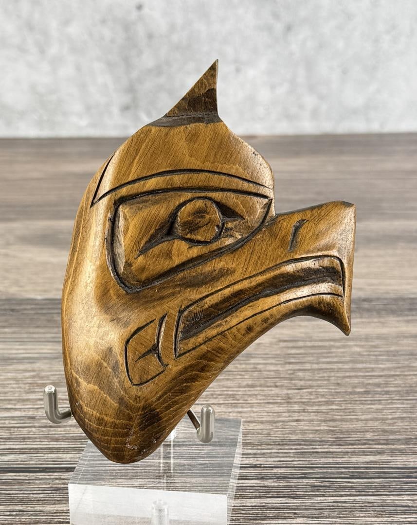 Herman Bruce Kwakiutl Eagle Wall Plaque: 4 1/2" by 3 7/8". Feb, 2002. Made from yellow cedar.