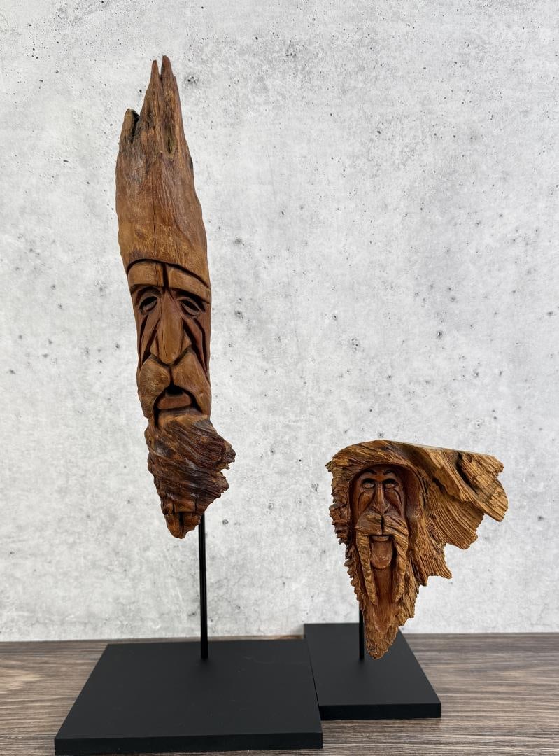 Folk Art Cottonwood Face Carvings: 11 1/2" by 2 1/4" by 1 1/4".