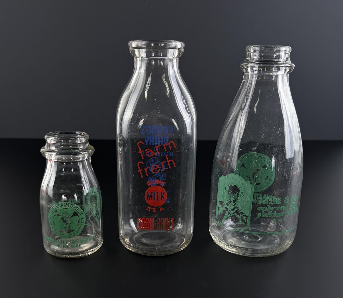 Washington State Pyroglaze Milk Bottles: Consists of 2 Yakima City Creamery bottles Yakima, Washington, and 1 Young's Dairy from Jackson, Michigan.
