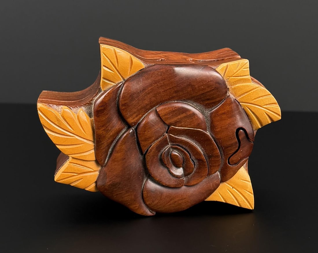 Two Tone Rose Wood Puzzle Box: 5 1/2" by 3 7/8" by 2 1/4".