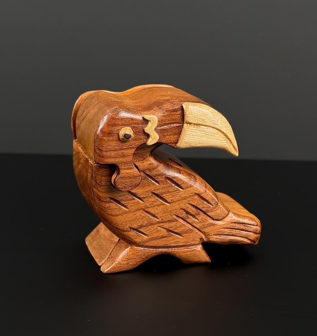 Toucan Two Tone Wood Puzzle Box: 3 1/2" by 3 1/4" by 2 1/4".
