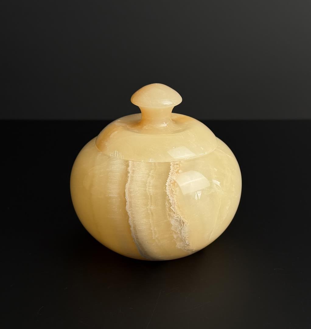 Alabaster Carved Trinket Box: 4 7/8" by 4 7/8" by 4 1/4".
