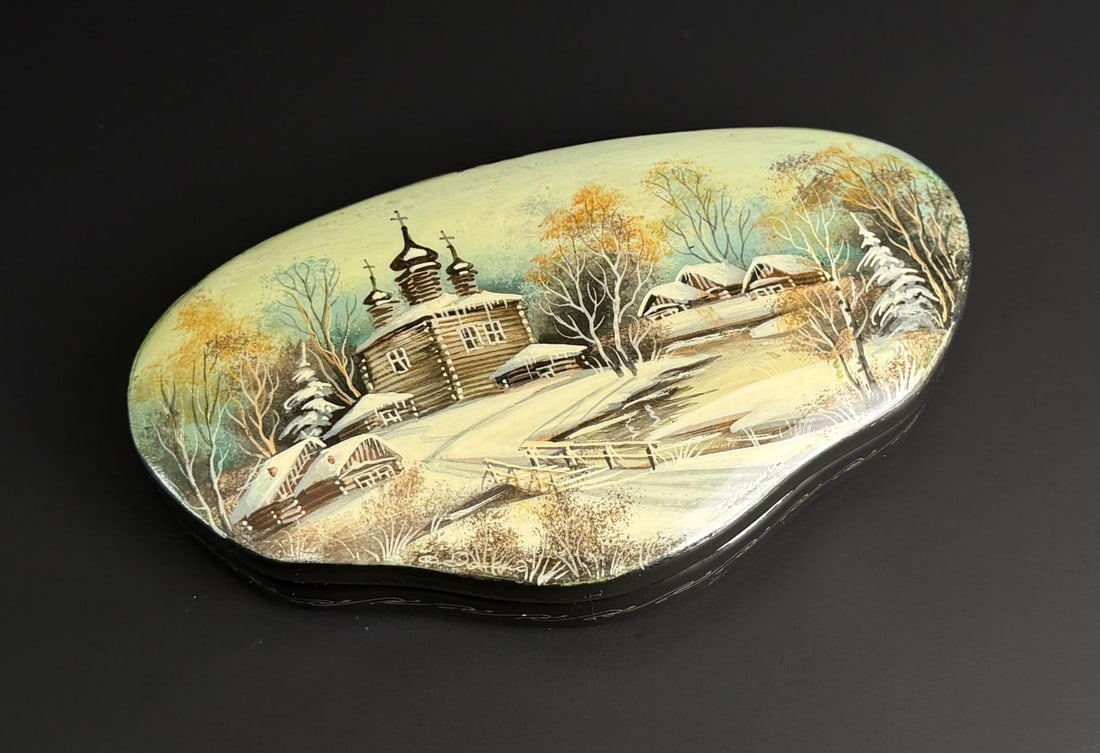 Russian Palekh Lacquer Winter Monastery Box: 5 1/2" by 3" by 1".