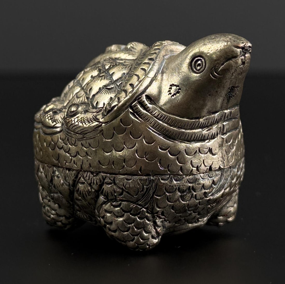 Cambodian Tortoise Silver Betel Nut Box: 1 7/8" by 1 7/8" by 1 7/8".