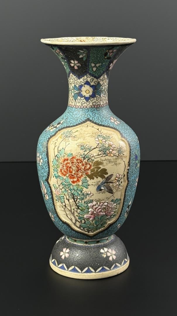 Japanese Totai Shippo Cloisonne Porcelain Vase: 10" by 4 1/2" by 4 1/4". Enamel has repairs in areas.