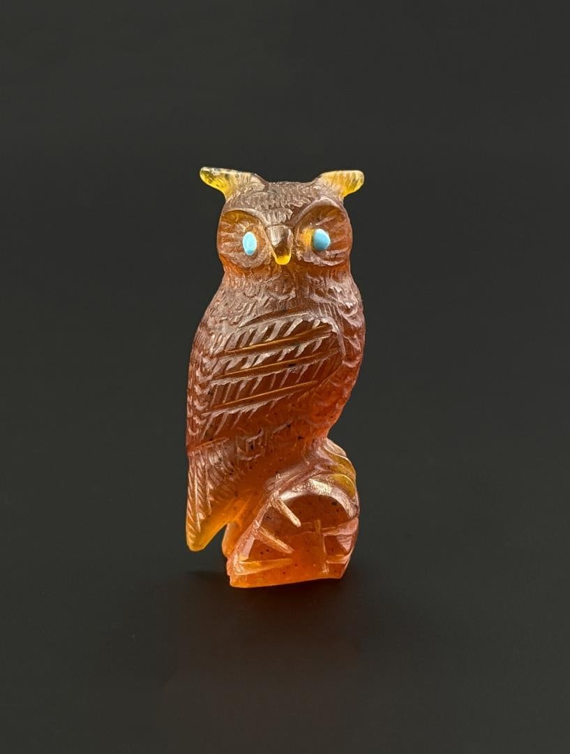 Aaron Chapella Zuni Amber Owl Fetish: 1 1/2" by 7/8" by 7/8".
