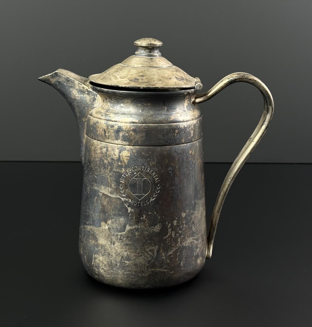 Inter Continental Hotels Silver Plate Pitcher: 4 3/4" by 7 3/8" by 8 3/8" tall.