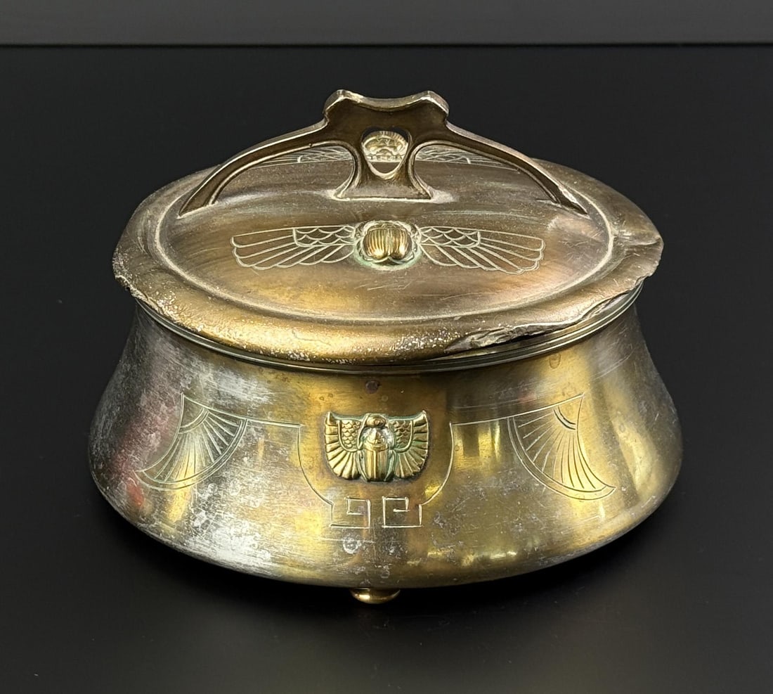 Benedict Karnak Egyptian Scarab Brass Bowl: Some damage to lid. 4" by 6".