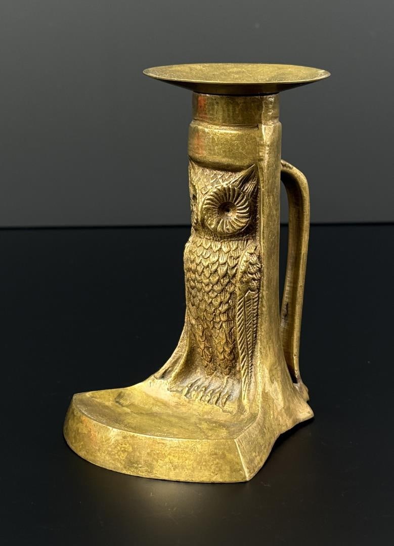 Bradley and Hubbard Brass Owl Candlestick: 3 1/8" by 4" by 4 5/8" tall.