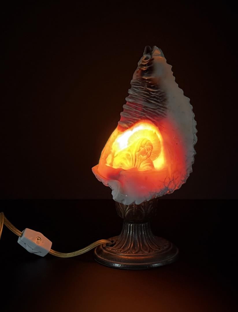 Cameo Carved Conch Shell Lamp: 4 1/4" wide at base, 9" tall.