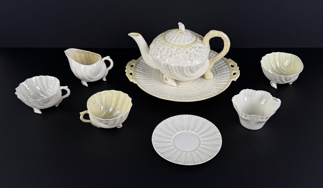 Belleek Neptune Shell Porcelain Tea Set: Teapot is 5 1/8" by 5 3/4" by 7 1/8".