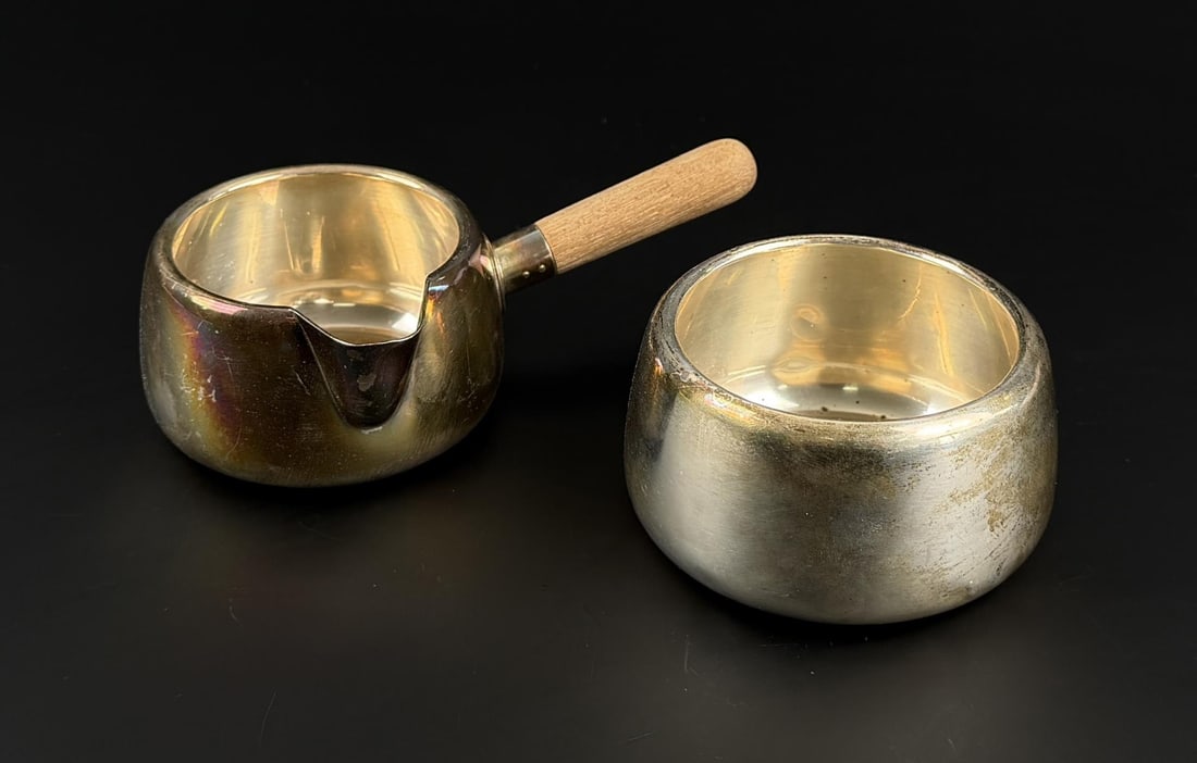 Anton Michelsen Danish Sterling Service Set: Oluf Staehr Nielsen designed brandy pan and bowl. 249 grams. Pan is 1 7/8" by 3 1/2" by 5 3/8".
