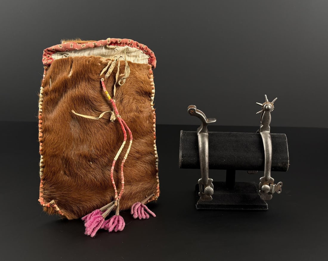 Santee Sioux Indian Quilled Spur Bag: Bag is 11 3/4" long by 7 7/8" wide. First quarter of the twentieth century.