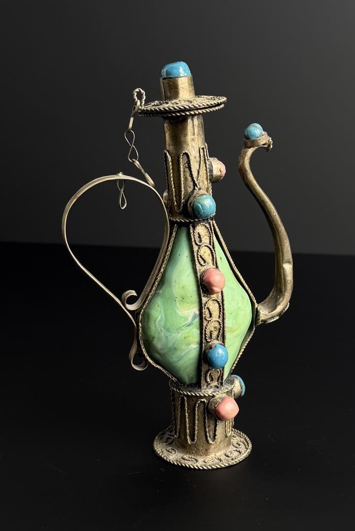 Tibetan Gem and Brass Teapot Candleholder: 2" by 4 1/2" by 7 1/2".