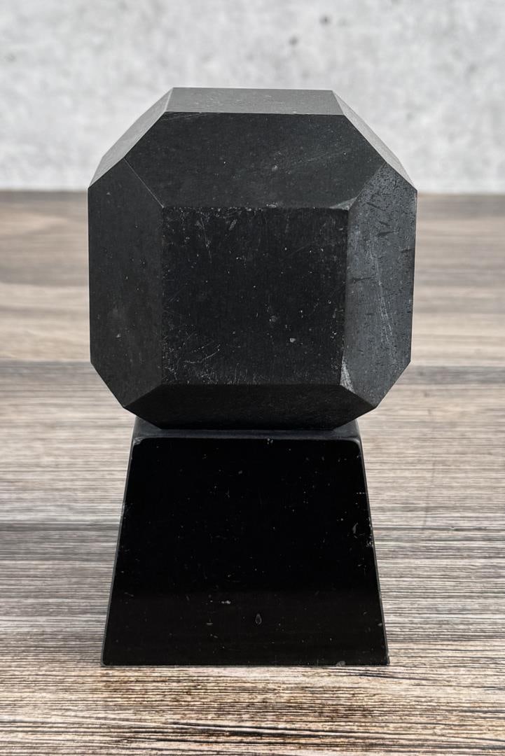 Faceted Shungite Healing Stone Display: Both stand and cube are 3" wide, stand is 3" tall and cube is 3 3/4" tall.
