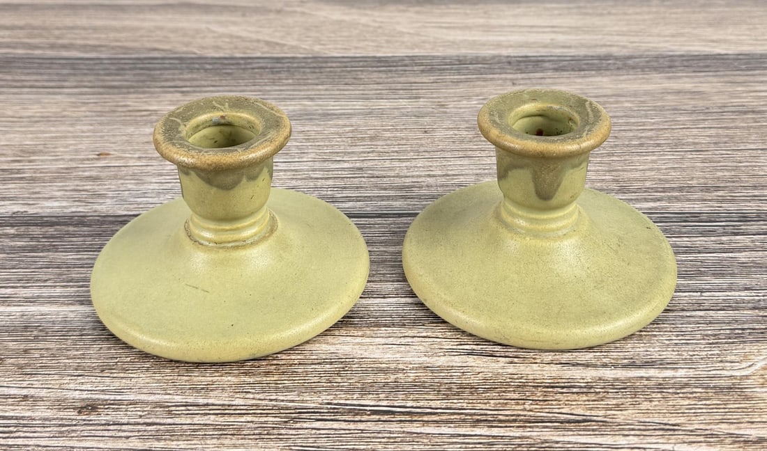 Roseville Pottery Carnelian Candlestick Holders: 2 3/8" by 4" across.