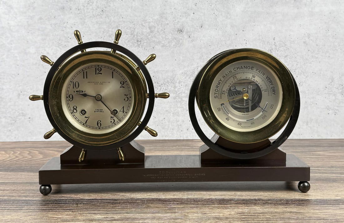 Ed Sullivan Abercrombie & Fitch Chelsea Ship Clock: Base with clock and barometer is 3 1/2" by 8 3/8" by 14 1/2" long. Working condition. Missing base screws for barometer.