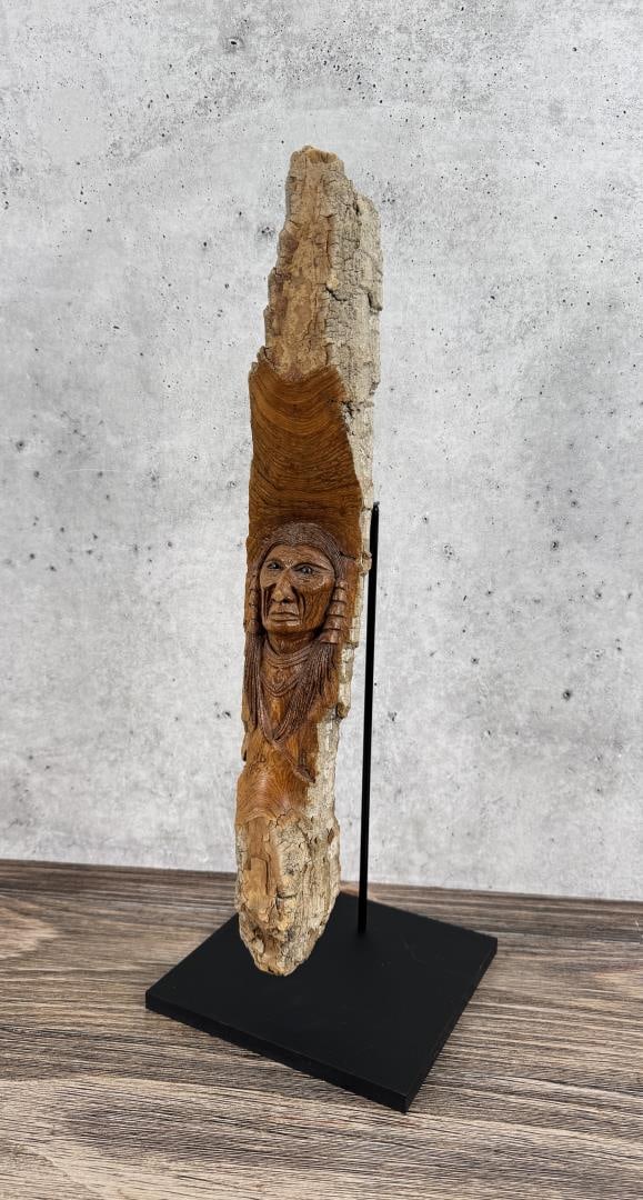 Montana Cottonwood Indian Medicine Man Carving: 2 1/4" by 3" by 17 7/8" long.