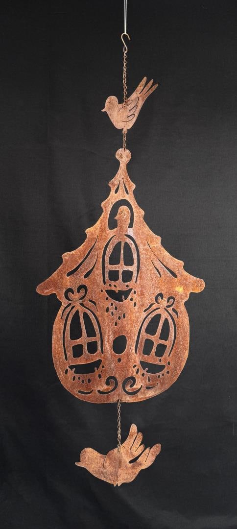 Montana Folk Art Birdhouse Wind Chime: 13 5/8" wide by 34 1/2" long.