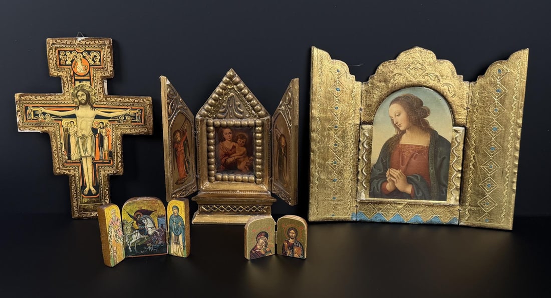 Group of Religious Icons: Including the San Damiano Cross, Saint George, and the Praying Virgin. Largest (Praying Virgin) is 8 3/4" tall by 9 1/2" wide.