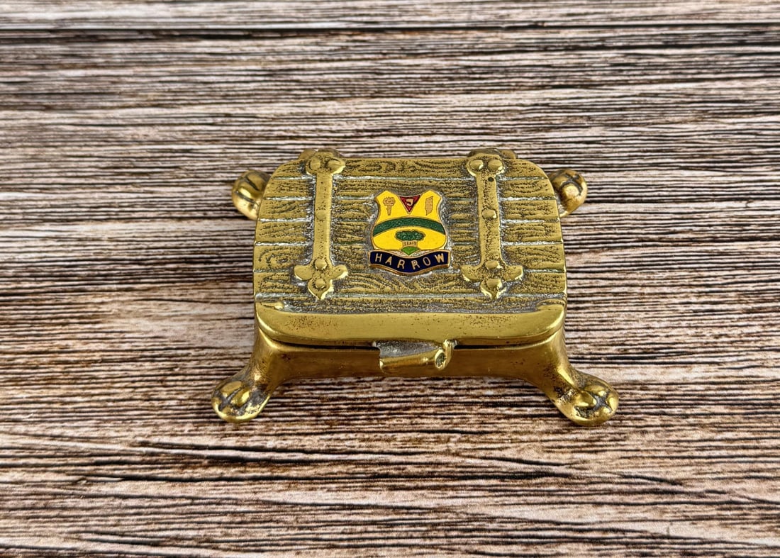 Peerage Brass Snuff Trinket Stamp Box: With Harrow Coat of Arms. 3/4" by 2 3/8" b y 3 3/8".