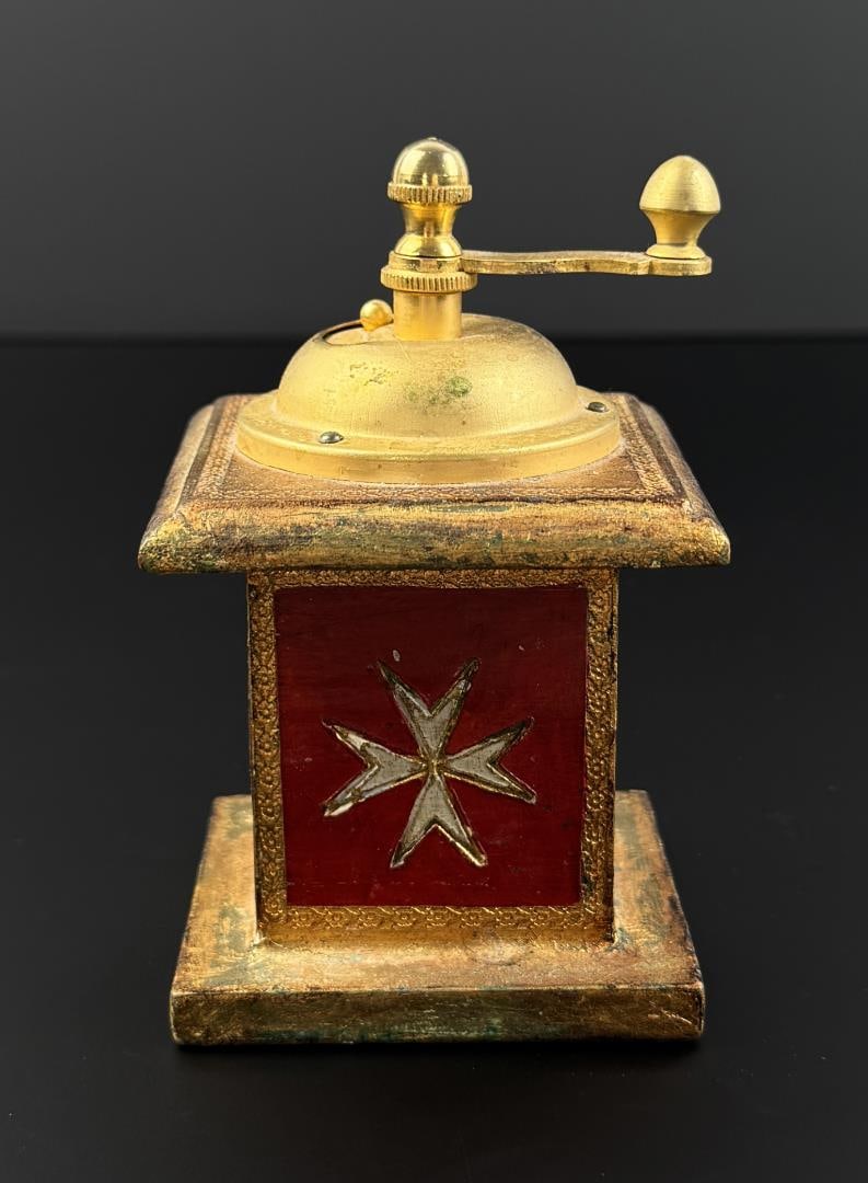 Florentine Gold Gilt Coffee Grinder: 3 1/8" by 3 1/4" by 4 3/4".