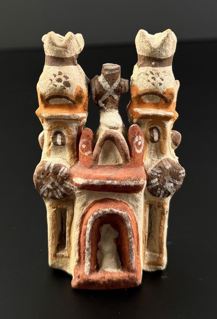 Peruvian Folk Art Pottery Church: 1 1/2" by 2 1/4" by 3 5/8".