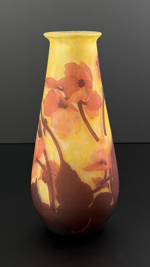Muller Freres Art Nouveau Floral Glass Vase: 11 7/8" by 5 1/4" by 5 1/4". Signed. Muller Freres (Brothers), is a renowned glassmaking company based in Luneville, France.
