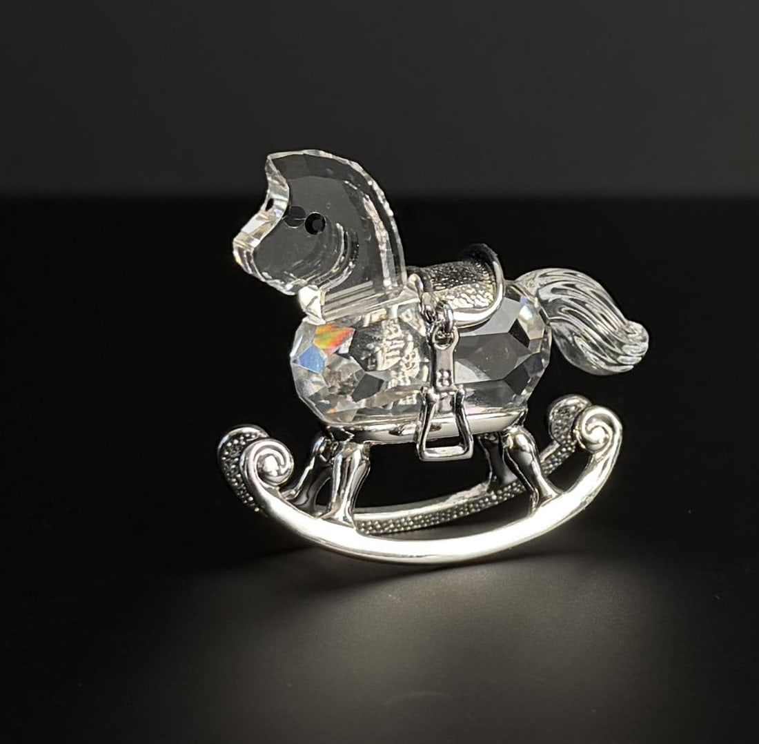 Swarovski Crystal Memories Rocking Horse: 1 1/2" long, 1 1/4" tall. Rhodium metal accents.