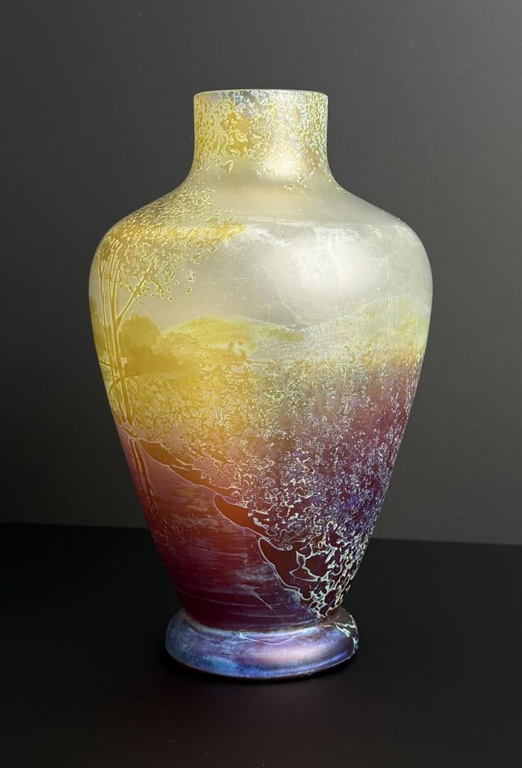 Victorian Iridescent Amberina Etched Glass Vase: 8 1/2" by 5 1/4" by 5 1/4". Landscape scene. Unsigned.