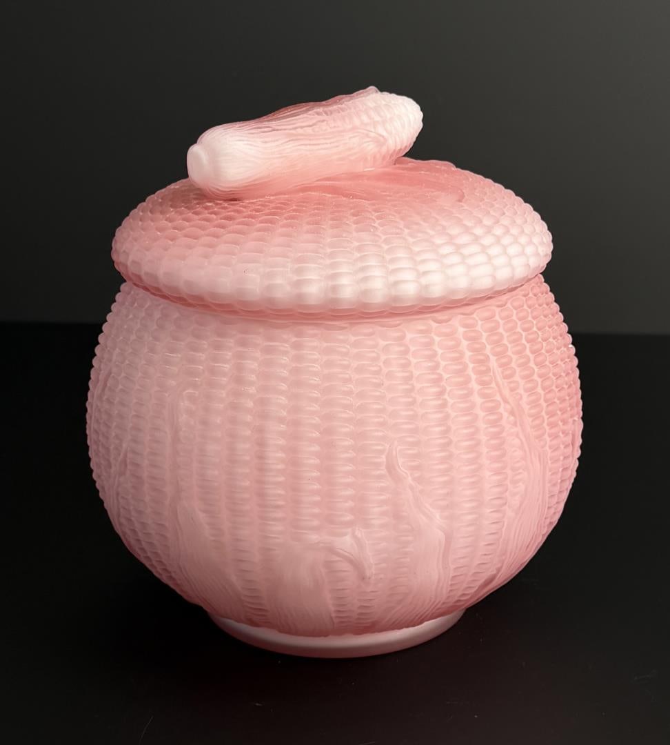 Fenton LG Wright Pink Glass Corn Biscuit Jar: 7 1/4" by 6 7/8" by 6 7/8".
