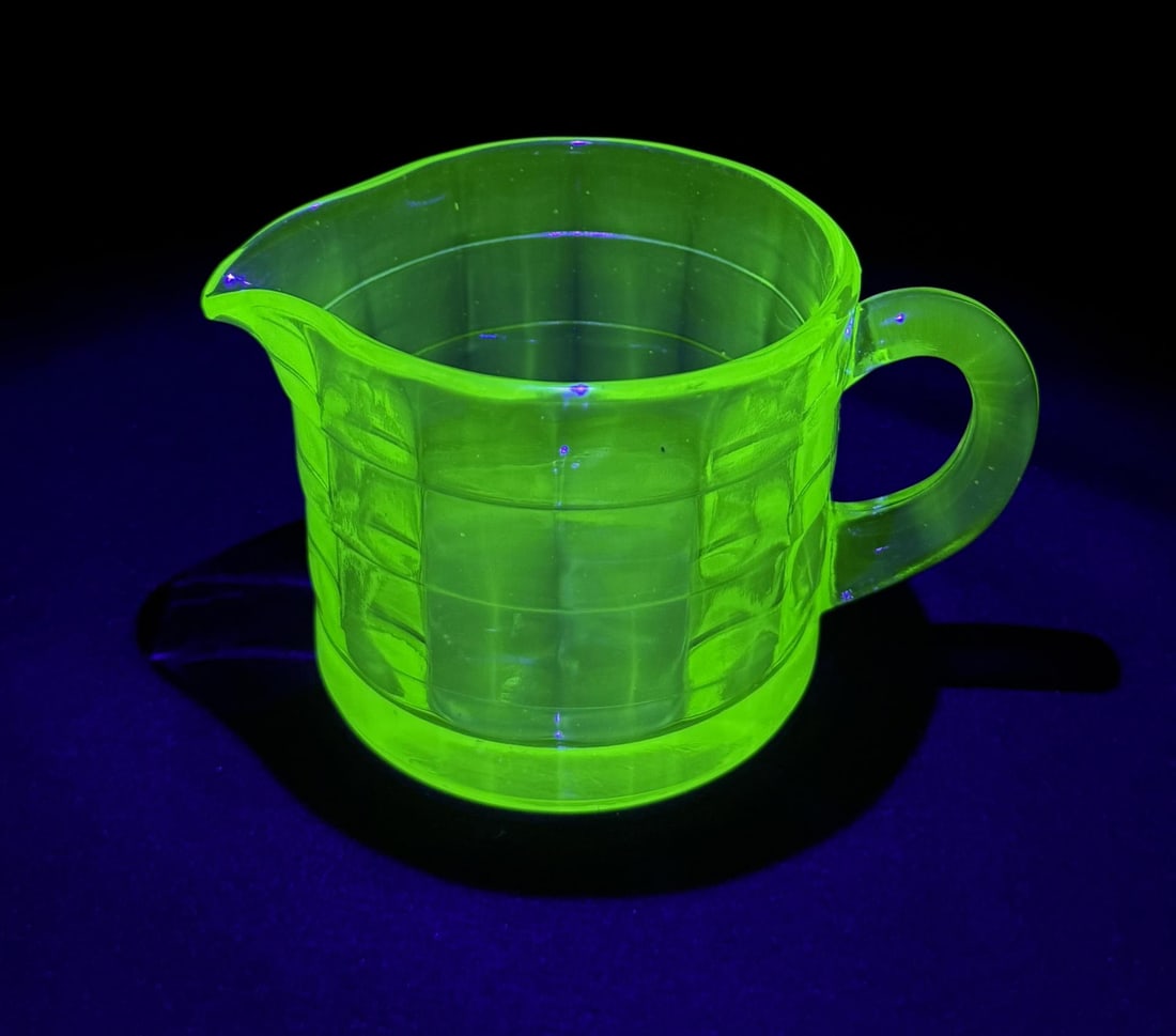 Uranium Depression Glass Creamer: 3 1/4" by 3 1/4" by 2 1/2".