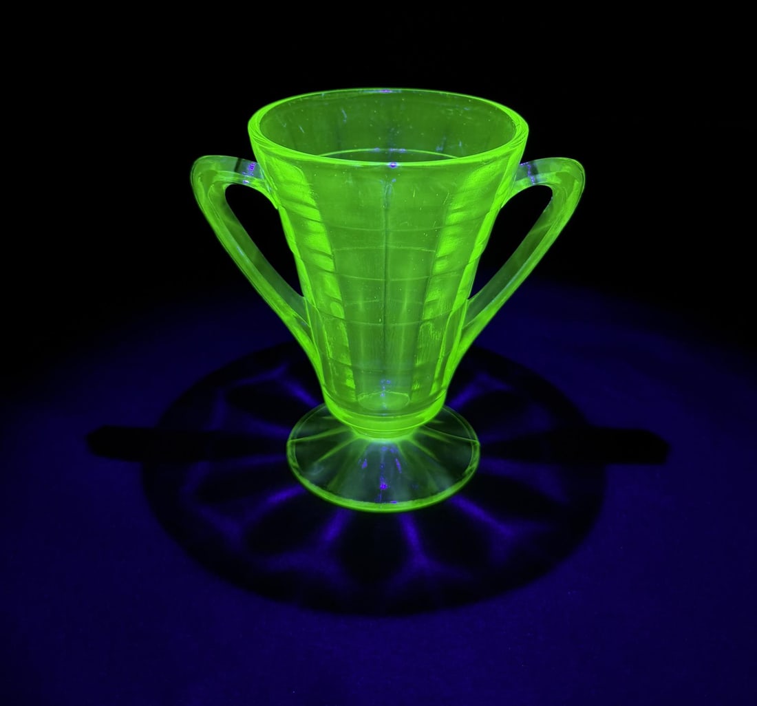 Uranium Glass Depression Sugar Bowl: 4 1/4" by 3 1/4" by 3".