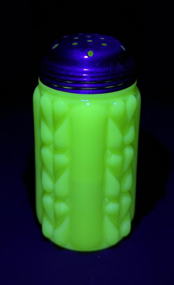 Uranium Custard Glass Sugar Shaker: 4 1/2" by 2 1/4" by 2 1/4".
