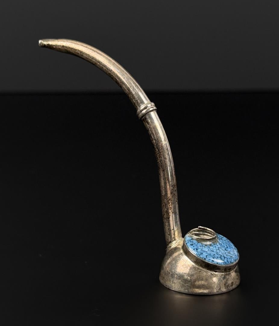 Alpaca Silver Opium Pipe: Marked Alpaca on the bottom, made from nickel silver. Has turquoise resin.