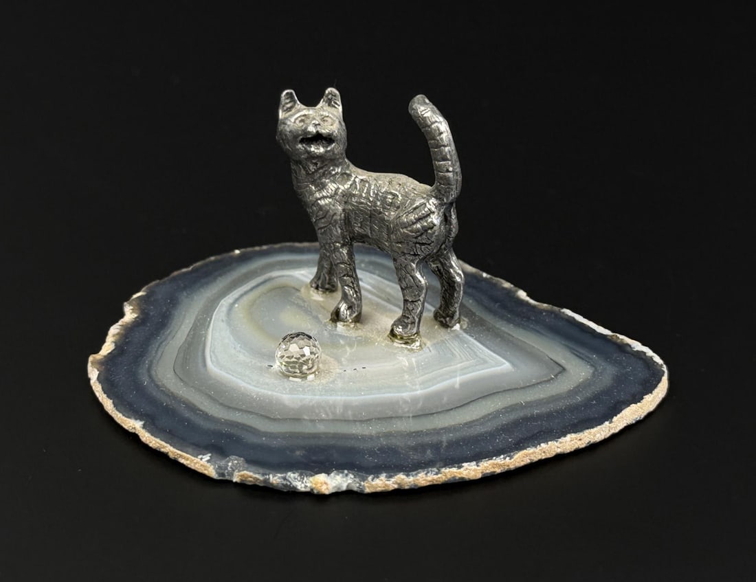 Pewter Cat Figurine on Agate Geode Slice: 2 7/8" by 2 1/2" by 1 1/4".