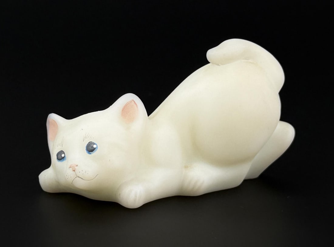Fenton Satin Glass Pouncing Kitten Figurine: Paperweight is 3 7/8" by 2 1/4" by 1 7/8". Signed by J Stevens.