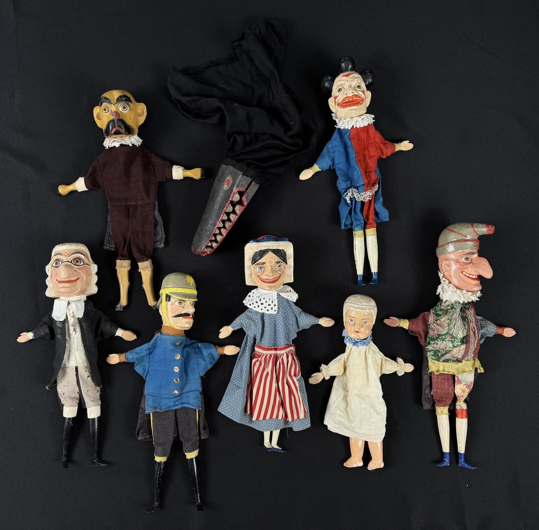 Antique German Punch & Judy Puppet Marionette Set: Largest is 24" by 6 7/8" by 3 1/4".