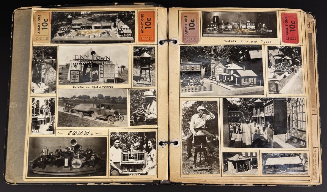 Dwight Croft Tiny Town Puppet Theater Photo Album: Wonderful and historic photo album. It shows the career of Dwight Croft of Sheldahl Iowa from 1933-1938. The traveling roadside attraction display changed names several times. Tiny Town, Croft's Minia