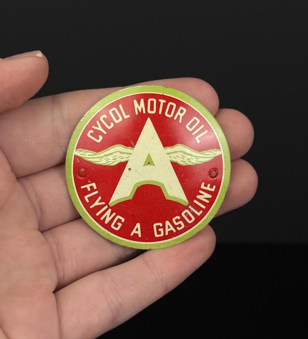 Flying A Gasoline Cycol Motor Oil Pin Badge: Made by Irvine and Jachens. 1 7/8" across.