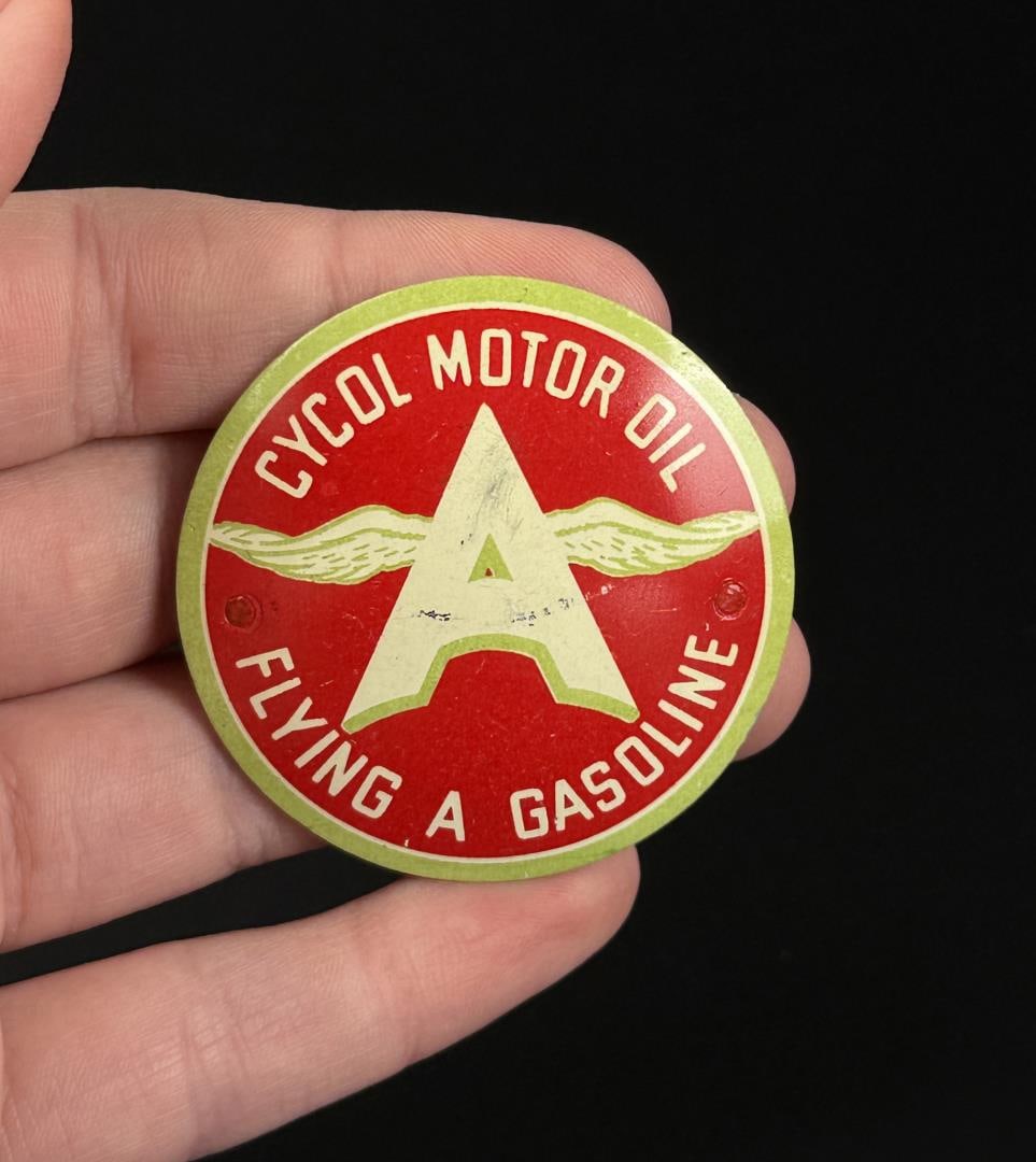 Flying A Gasoline Cycol Motor Oil Pin Badge: Made by Irvine and Jachens. 1 7/8" across.
