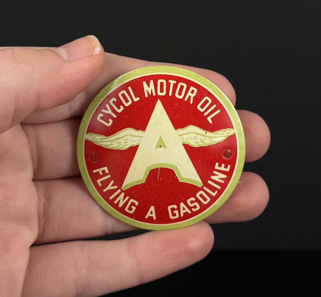 Flying A Gasoline Cycol Motor Oil Pin Badge: Made by Irvine and Jachens. 1 7/8" across.