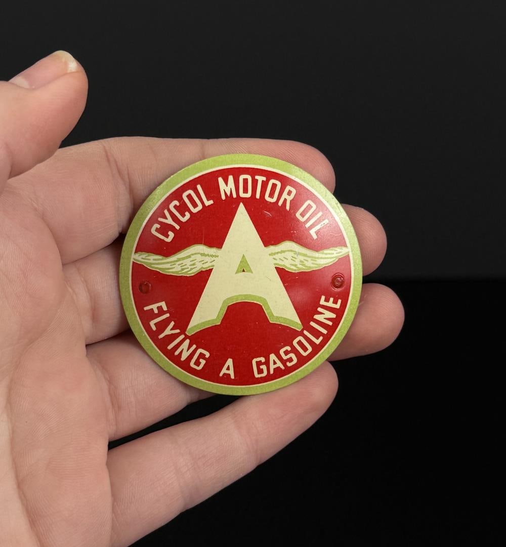 Flying A Gasoline Cycol Motor Oil Pin Badge: Made by Irvine and Jachens. 1 7/8" across.