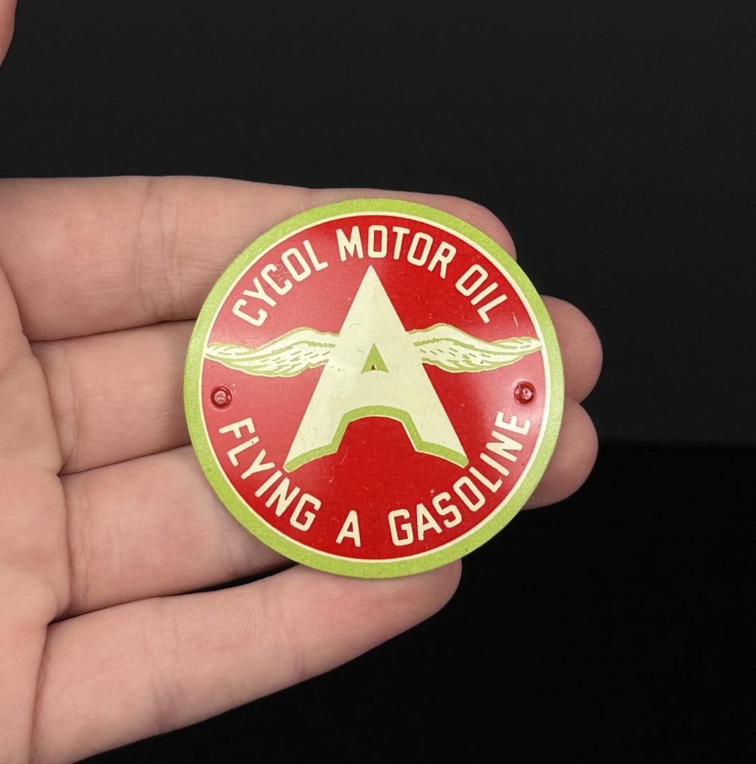 Flying A Gasoline Cycol Motor Oil Pin Badge: Made by Irvine and Jachens. 1 7/8" across.