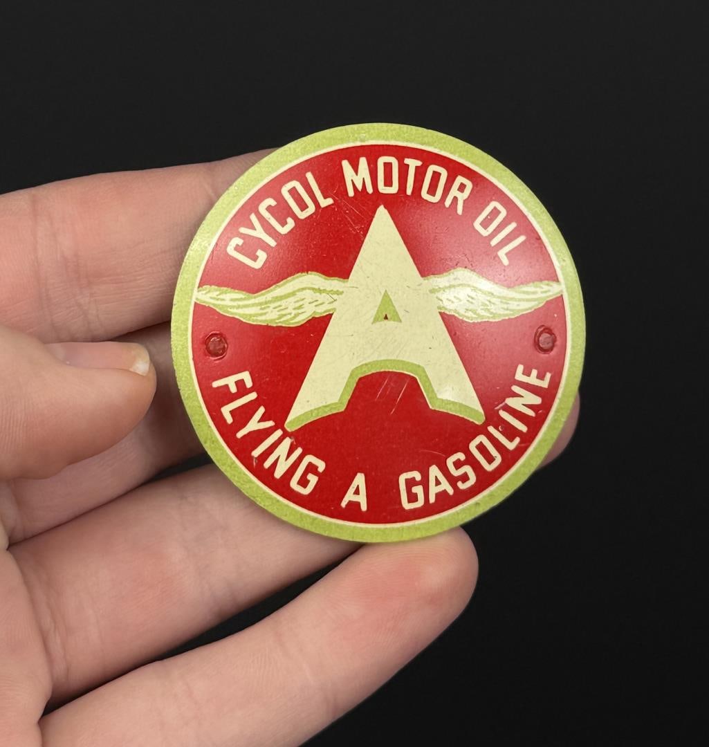 Flying A Gasoline Cycol Motor Oil Pin Badge: Made by Irvine and Jachens. 1 7/8" across.