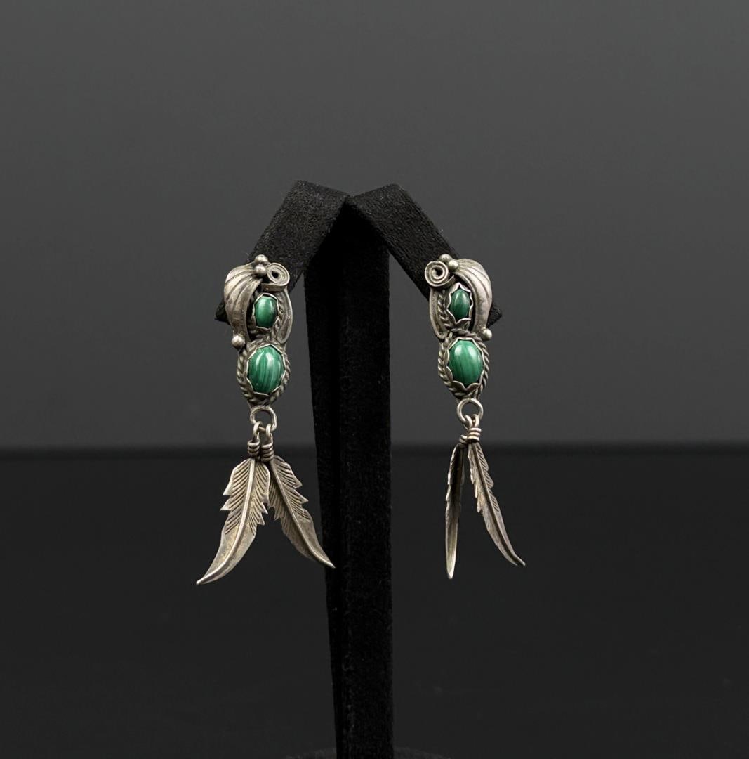 Navajo Sterling Silver Malachite Feather Earrings: 5.8 grams, 1 7/8" long.