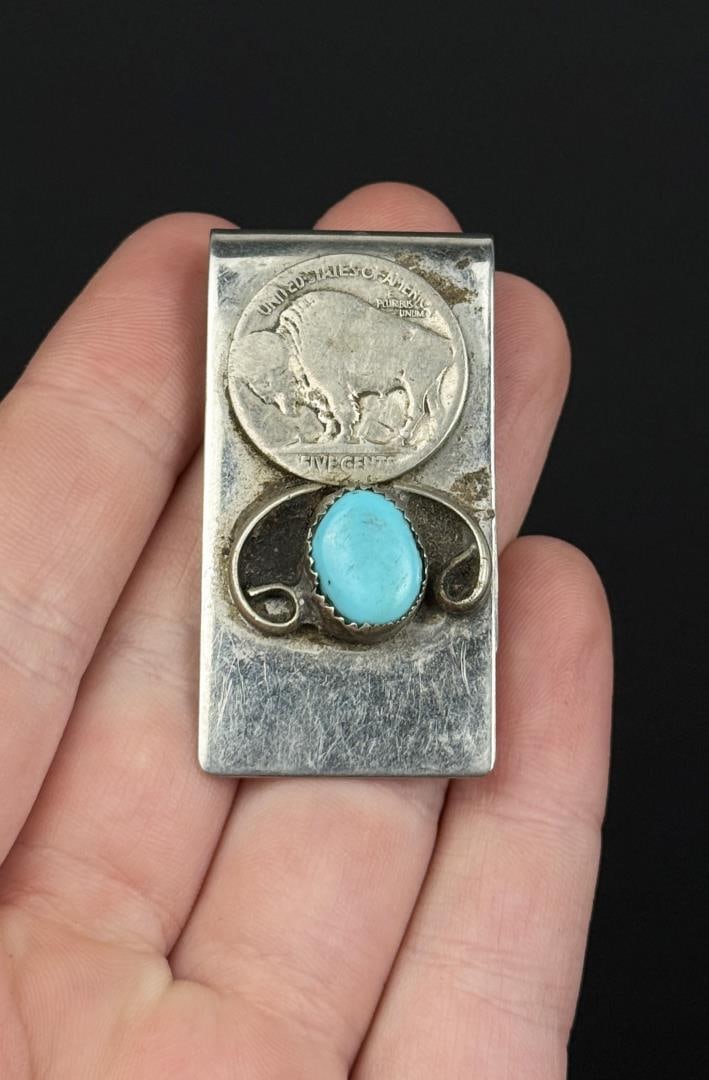 Navajo Nickel Silver Turquoise Money Clip: 1" by 2".