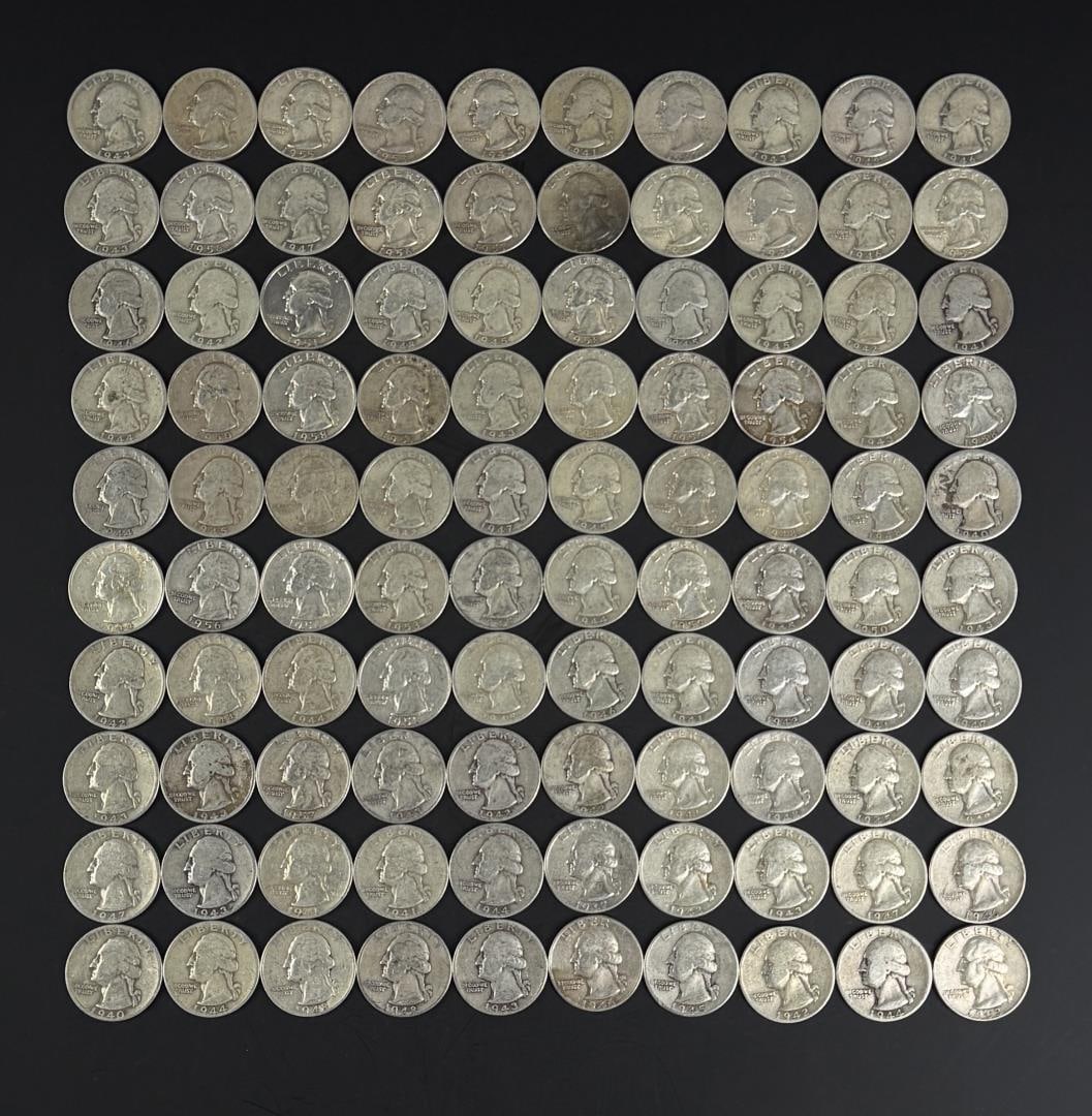 Collection Of 100 Pre 1964 Silver Quarters (1 of 3)